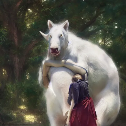 Image similar to a person hugging a large white animal, a detailed painting by krenz cushart, pixiv contest winner, fantasy art, official art, detailed painting, pixiv. highly detailed. 4 k masterpiece. photo realistic. realism. photorealism wideshot