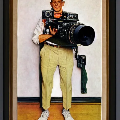 Image similar to norman rockwell painting of a man holding a large television - video - camera