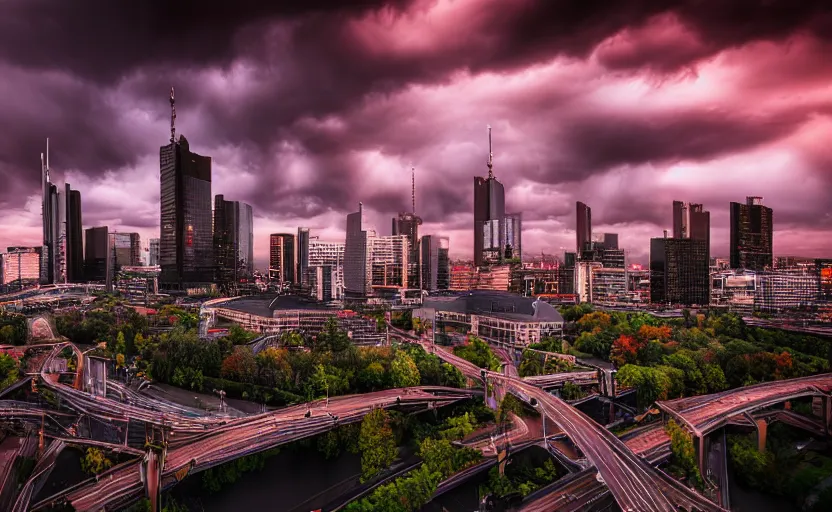 Image similar to a dramatic frankfurt skyline photo by ryan dyar, highly detailed, 8 k