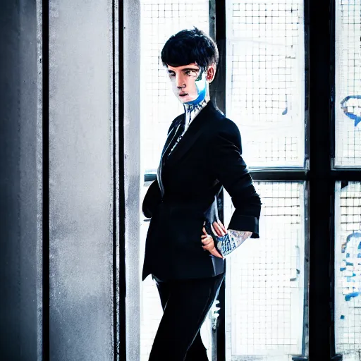 Prompt: hyperdetailed photo of a serious mocker cyberpunk androgynous woman with short hair and light eyes in a cybercity, wearing fashion suit, inside berghain, classic, photo 3 5 mm leica, hyperdetail, 8 k, very detailed, fine face