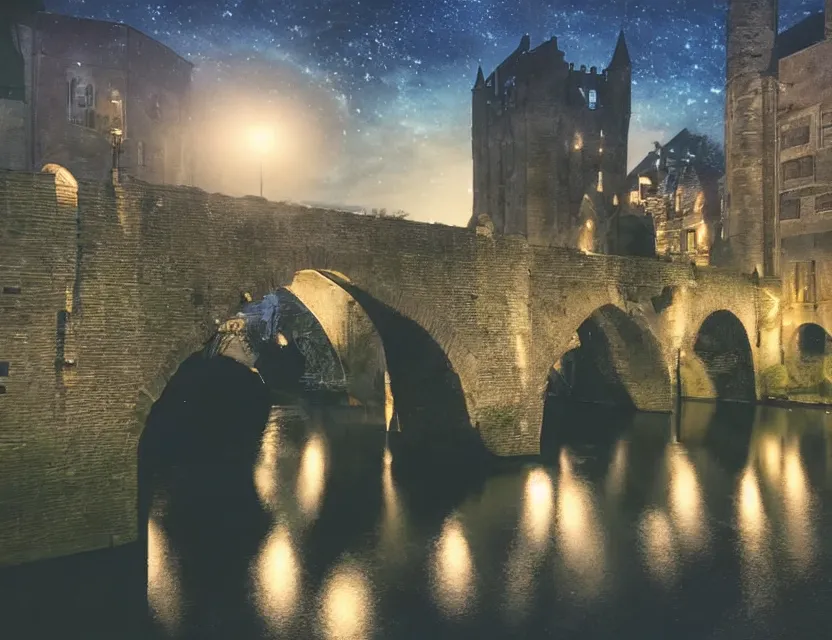 Image similar to close view of a medieval stone bridge over water in gent belgium at night, peaceful and serene, incredible perspective, soft lighting, anime scenery by makoto shinkai and studio ghibli, very detailed