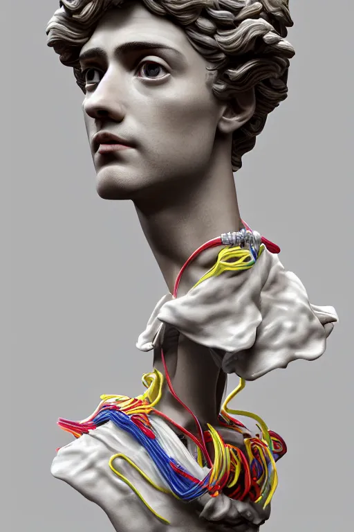 Image similar to a beautiful porcelain Baroque style bust of handsome young Spanish man with colored pipecleaners coming out of the neck suspended in space, photorealism, octane render, depth of field, 8k, 35mm, artgem, Trending on artstation
