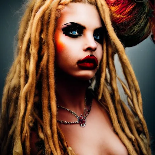 Image similar to photography flawless beautiful instagram female with blonde and red dreadlocks in a black ballgown, dark, piercing eyes, exotic expression, esoteric clothing, photorealistic, highly detailed, mysterious lighting, smooth, sharp focus, 8 0 mm camera