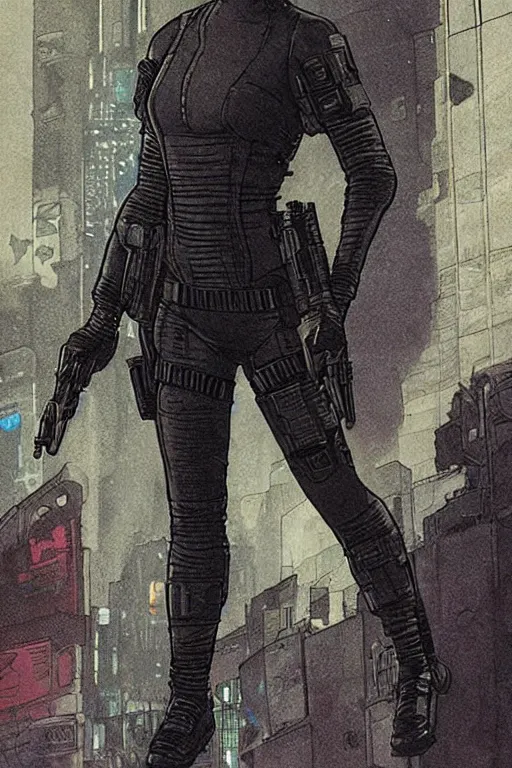 Image similar to selina kyle. blackops mercenary in near future tactical gear, stealth suit, and cyberpunk headset. Blade Runner 2049. concept art by James Gurney and Mœbius.