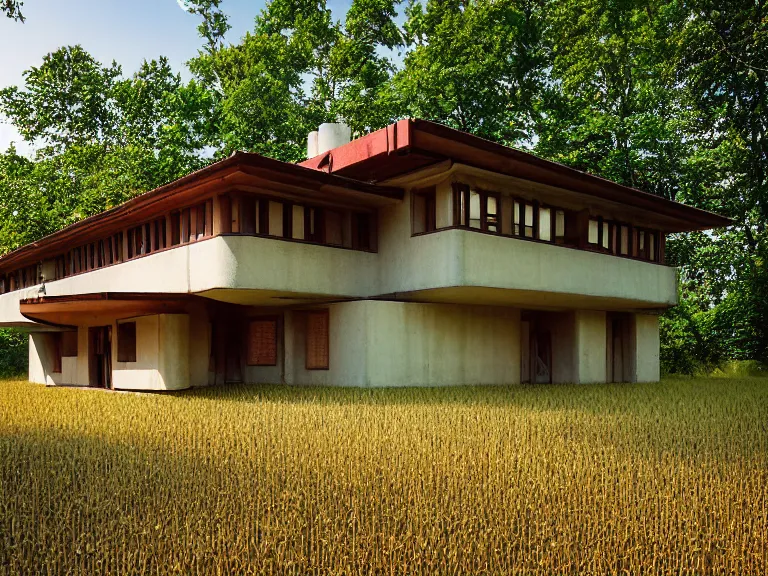 Image similar to hyperrealism design by frank lloyd wright and kenzo tange photography from 5 point of perspective of beautiful detailed small solarpunk house with many details in small detailed ukrainian village designed by taras shevchenko and wes anderson and caravaggio, wheat field behind the house, around the forest volumetric natural light