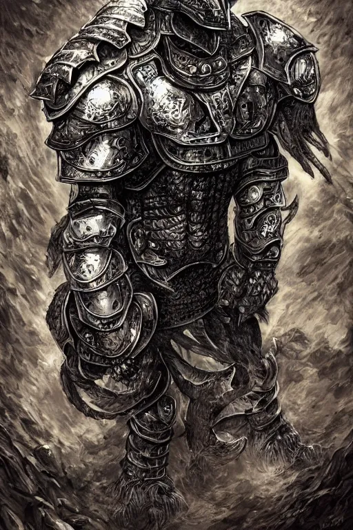 Image similar to armoured warrior oyster humanoid monster, symmetrical, highly detailed, digital art, clam themed armour, sharp focus, trending on art station, ambient lighting, kentaro miura art style