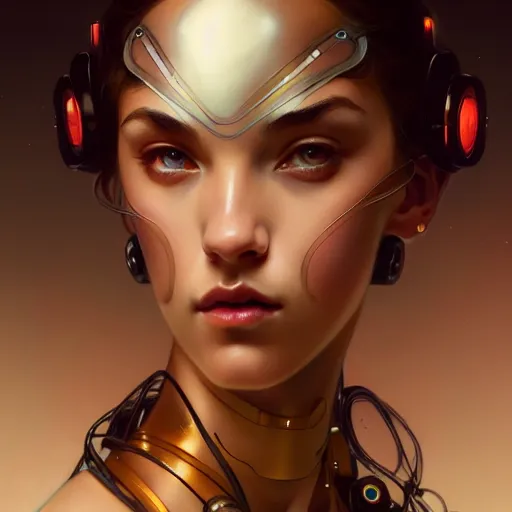 Image similar to portrait of beautiful girl with robot body by artgerm and greg rutkowski and alphonse mucha, close up, portrait, cinematic, elegant, artstation, intricate, highly detailed, digital painting, artstation, concept art, sharp focus, illustration, cyberpunk, cgsociety, 8 k