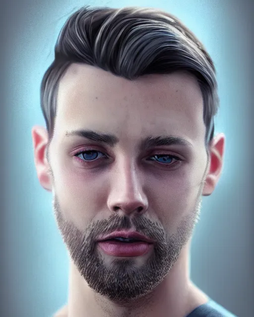 Prompt: portrait of a man in his mid - twenties with dull blue eyes, short dark blond hair, short goatee, ultra realistic, epic, highly detailed, hd, sharp focus, cinematic lighting, realistic, dreamy, vivid colors, dreary, morose, matt painting, digital art, non blurry, sharp, artstation, concept art, smooth, illustration