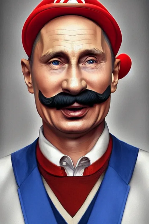 Prompt: vladimir putin as mario from super mario bros, realistic portrait, symmetrical, highly detailed, digital painting, artstation, concept art, smooth, sharp focus, illustration, cinematic lighting, art by artgerm and greg rutkowski and alphonse mucha