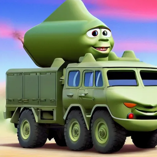 Image similar to HIMARS with rockets, Cars Pixar movie style, detailed, green