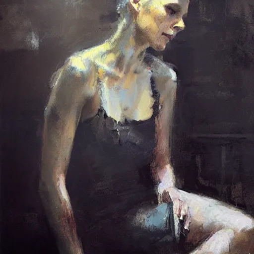 Image similar to full length portrait of a woman, by Jeremy Mann, detailed, stylized, loose brush strokes, intricate, realistic