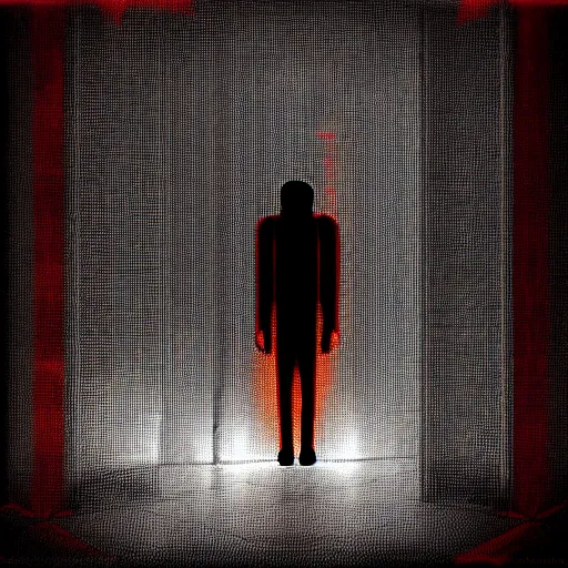 Image similar to cctv of an extremely dark empty room with glowing humanoid cryptid monster made out of static, dark deep black shadows, red and black color contrast in the style of trevor henderson and james ensor goya, liminal space, 3 d octane render, glitch effect