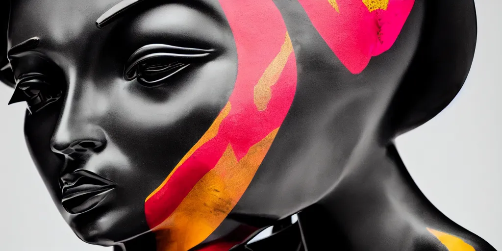 Image similar to close up portrait of extremely beautiful female black marble statue in the style of virgil abloh, colorful motocross logos behind her, sharp focus, clear, detailed,, cinematic, detailed, off white, glamourous, symmetrical, vogue, editorial, fashion, magazine shoot, glossy