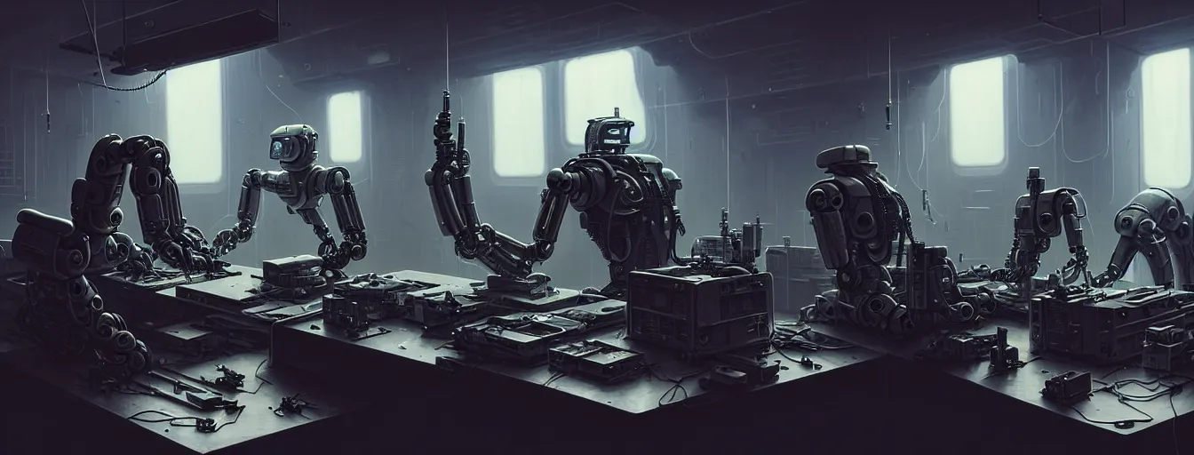 Image similar to robot repair workshop, blade runner artifacts, vitaly bulgarov style, cyberpunk tech, ultrarealistic, futuristic, three point lighting, dramatic lighting, electrical details, high details, 4 k, 8 k, best, accurate, trending on artstation, photorealism, digital painting, style of peter mohrbacher, caravaggio, boris vallejo, hajime sorayama