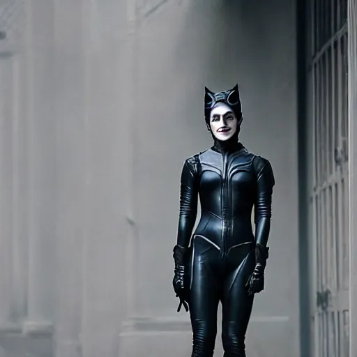 Image similar to Emma Watson as Catwoman, XF IQ4, 150MP, 50mm, f/1.4, ISO 200, 1/160s, natural light, Adobe Lightroom, photolab, Affinity Photo, PhotoDirector 365, filling the frame, rule of thirds, symmetrical balance, depth layering, headroom