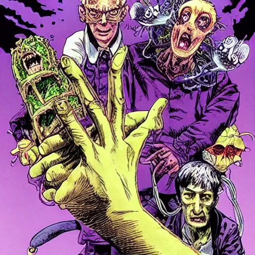 Image similar to distorted by katsuhiro otomo, by phil foglio deep purple. the experimental art features a group of monsters who live in a castle & have to deal with frankenstein's monster.