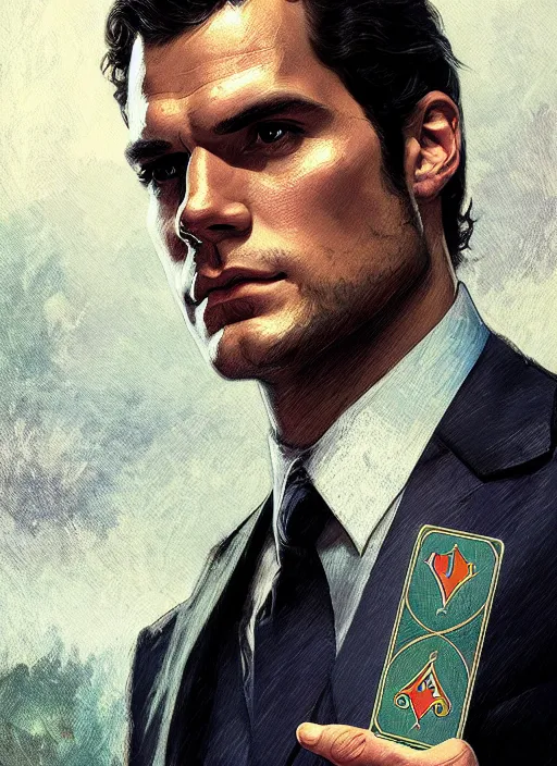 Image similar to portrait of henry cavill as james bond, casino, poker cards, highly detailed, digital painting, artstation, concept art, cinematic lighting, sharp focus, illustration, by gaston bussiere alphonse mucha