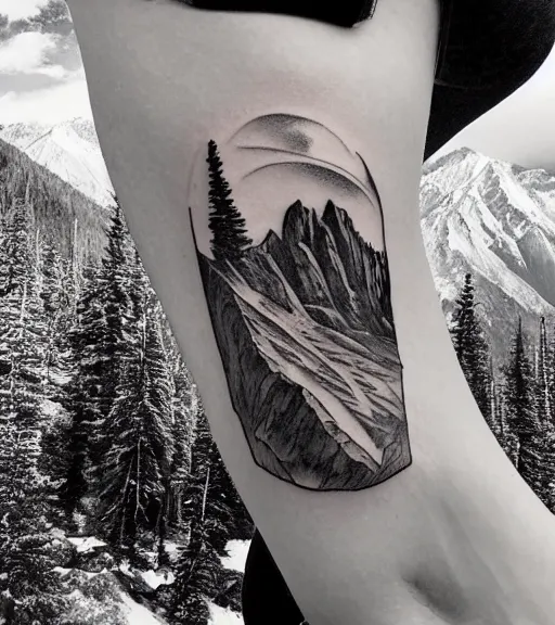 Prompt: a beautiful woman against a background of beautiful mountains and nature, realism tattoo design, in the style of den yakovlev, black and white, hyper realistic, highly detailed