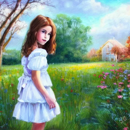 Image similar to portrait of girl dressed in white clothes countryside country style country house fantasy character portrait painting