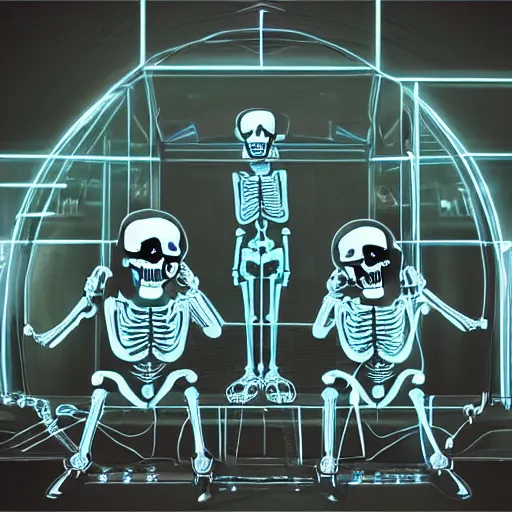 Prompt: skeletons with headphones playing synthesizers, lights, lasers, music, highly detailed, realistic, technology and magic,