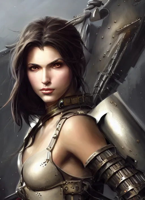 Image similar to a professionally painted portrait of an attractive young girl, partially clothed in battle armor, olive skin, long dark hair, beautiful bone structure, symmetrical facial features, intricate, elegant, digital painting, concept art, smooth, sharp focus, finely detailed, beautifully framed, from Metal Gear, in the style of Artgerm and Greg Rutkowski and William-Adolphe Bouguerea