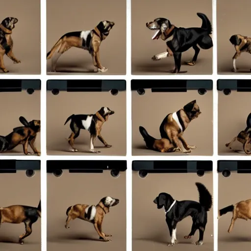 Image similar to a modern color film strip reel of a dog jumping up and down with 9 frames