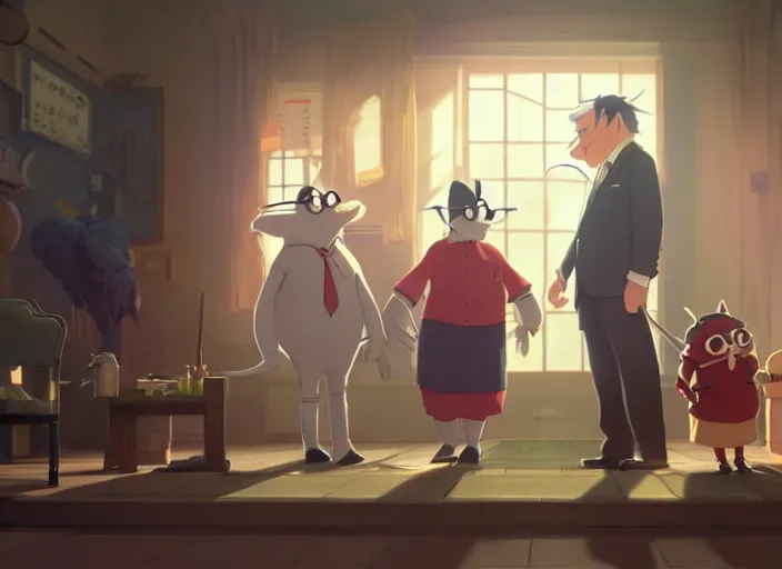 Prompt: mr winston welcoming his new guests, medium shot, studio ghibli, pixar and disney animation, sharp, rendered in unreal engine 5, anime key art by greg rutkowski, bloom, dramatic lighting