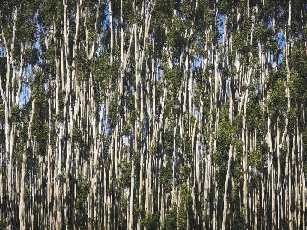 Image similar to long exposure photograph of eucalyptus trees, strong wind, by gursky, sony ar 7 ii,