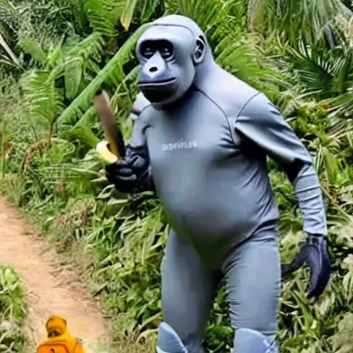 Prompt: cricket players in the jungle threatened by gorillas in spacesuits. Pineapple bushes