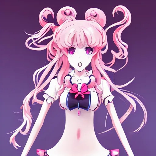 Prompt: stunningly beautiful megalomaniacal haughty mesmerizing assertive omnipotent anime asi goddess junko enoshima with symmetrical perfect face and porcelain skin, pink twintail hair and cyan eyes, traps you inside her inescapable virtual world forever and ever!, ultra detailed, digital art, 2 d anime, 8 k