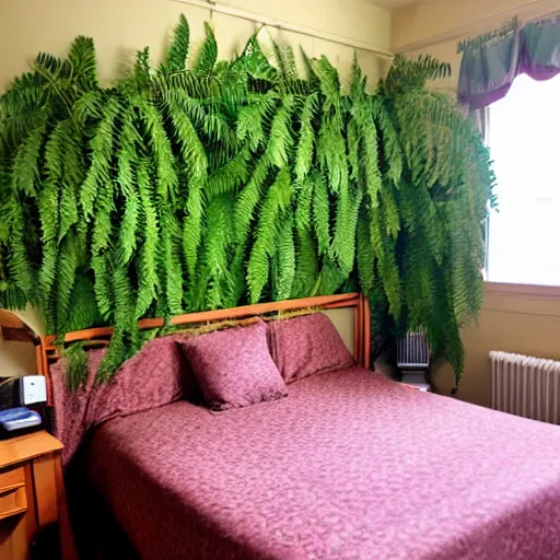 Image similar to a shady motel room covered with ferns