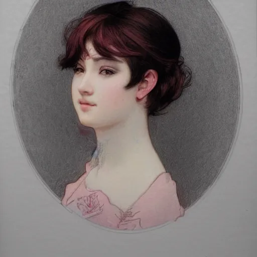 Prompt: A detailed frontal portrait sketch of woman with short pink hair, elegant, delicate, soft lines, higly detailed, smooth , pixiv art, ArtStation, pink hue, artgem, art by alphonse mucha charles reid mary cassatt and shirow masamune, high quality