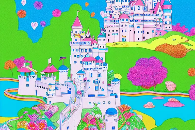 Prompt: an old castle on a seaside cliff by chiho aoshima and lisa frank and heremia ketner coloring book like art