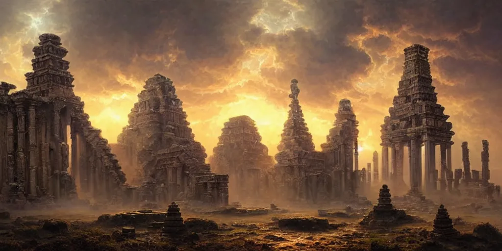 Image similar to beautiful hyperrealistic spectacular painting of the mysterious intricate ruins of the mysterious ancient temple, an advanced technology timemachine with a green - glowing - crystal from the future is inside the temple, by hubert robert and lee madwick and bastien lecouffe - deharme, dramatic sunset lighting, advanced technology