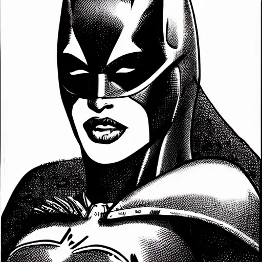 Prompt: head and shoulders portrait of a female knight, batgirl, superhero, by frank miller, face detail, extremely detailed, comic book cover art