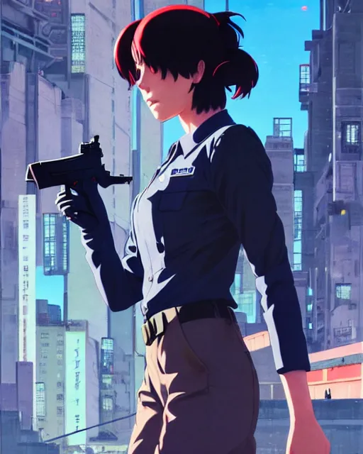 Image similar to girl wearing uniform, holding pistol at side, windy, cool pose | | audrey plaza, fine detail!! anime!! realistic shaded lighting!! poster by ilya kuvshinov katsuhiro otomo ghost - in - the - shell, magali villeneuve, artgerm, jeremy lipkin and michael garmash and rob rey