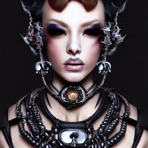 Prompt: A masterpiece portrait of a Incredibly beautiful futuristic high fashion queer drag model girl with A large luxurious Victorian necklace made of black leather. trending on artstation, digital art, by Stanley Artgerm Lau, WLOP, Rossdraws, James Jean, Andrei Riabovitchev, Marc Simonetti, Yoshitaka Amano