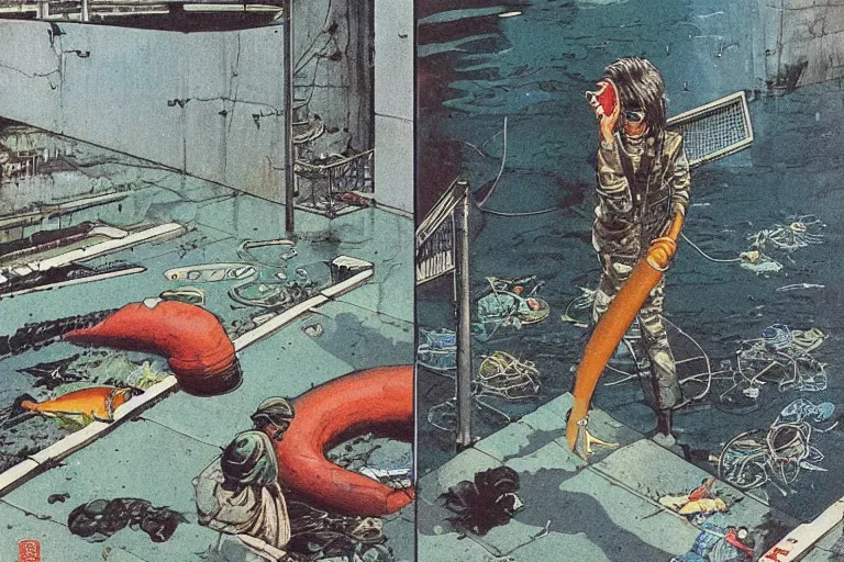 Image similar to 1 9 7 9 omni cover of a sewer pipe near spewing fish and trash near a seawall in tokyo. art in cyberpunk style by dali, and vincent di fate