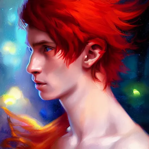 Image similar to colorful and Festive Captivating Fairy boy with red hair portrait, atmospheric lighting, painted, intricate, highly detailed by Charlie Bowater