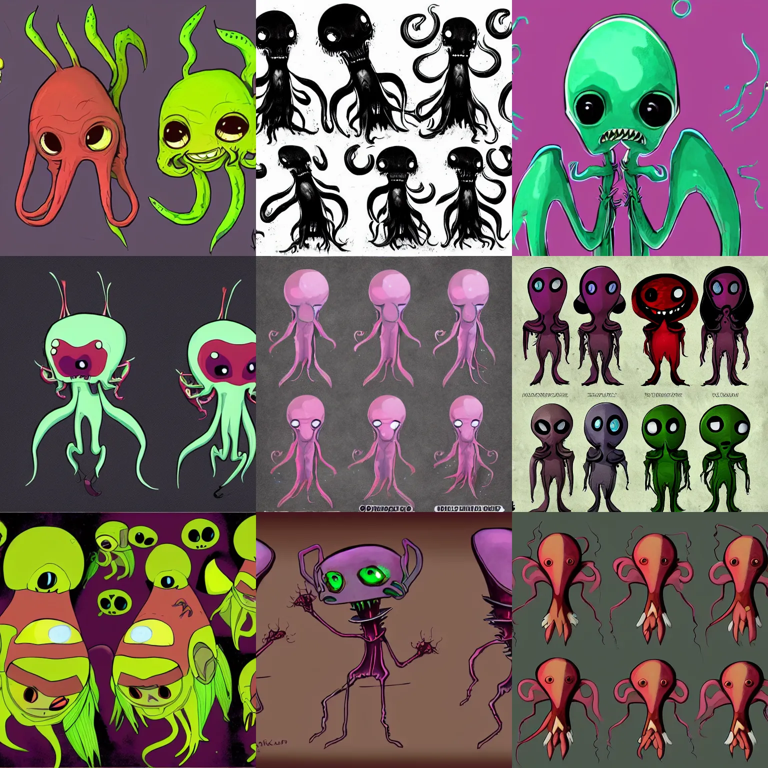 Prompt: little ampire squid alien character designs for the newest psychonauts video game made by double fine done by tim shafer with help from the artist for the band gorrilaz