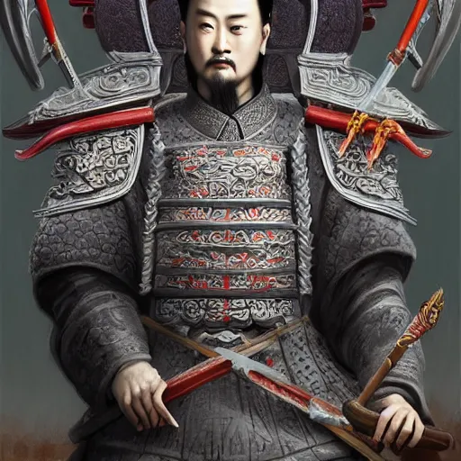 Image similar to dynamic composition, motion, ultra-detailed, incredibly detailed, a lot of details, amazing fine details and brush strokes, colorful and grayish palette, smooth, HD semirealistic anime CG concept art digital painting, watercolor oil painting of a Tang Ming dynasty chinese tao fantasy general wearing armor, from Three Kingdoms, by a Chinese artist at ArtStation, by Huang Guangjian, Fenghua Zhong, Ruan Jia, Xin Jin and Wei Chang. Realistic artwork of a Chinese videogame, gradients, gentle an harmonic grayish colors.