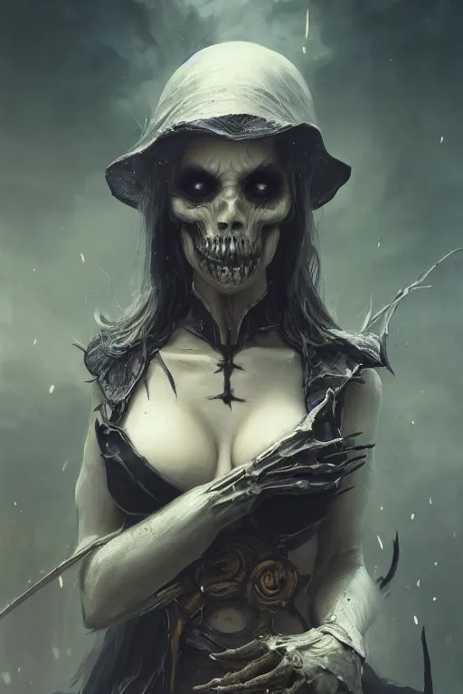 Prompt: a cute portrait of hot lady death by Greg Rutkowski, Sung Choi, Mitchell Mohrhauser, Maciej Kuciara, Johnson Ting, Maxim Verehin, Peter Konig, Bloodborne, macro lens, 35mm, 8k photorealistic, cinematic lighting, HD, high details, atmospheric,