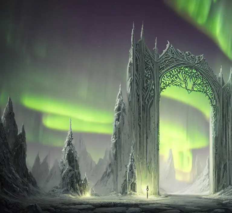 Prompt: a very detailed concept art of intricate and well designed white gates to misty mountains, infused with aurora borealis by greg rutkowski, dynamic lighting trending on artstation, symmetry, digital art, 4 k, hyper realistic, octane render, sharp focus