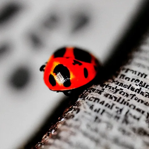 Prompt: macro lens photo of a lady bug on a newspaper