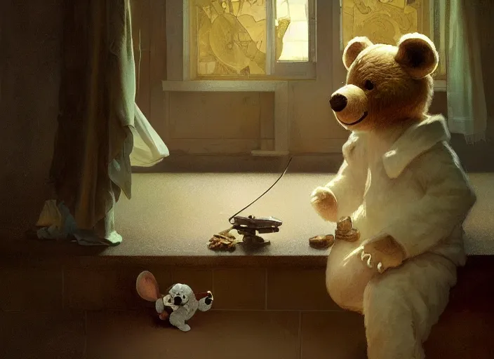 Prompt: a teddy bear captured by a mouse trap, neutral colors, in a bathroom, backlit, elegant, highly detailed, digital painting, artstation, concept art, smooth, sharp focus, illustration, art by krenz cushart and artem demura and alphonse mucha