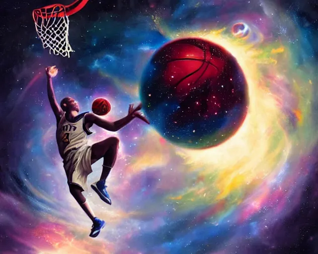 Image similar to cosmic basketball player dunking a basketball hoop in a nebula, an oil painting, by ( leonardo da vinci ) and greg rutkowski and rafal olbinski and ross tran, award - winning magazine cover