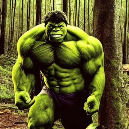 Image similar to the Incredible Hulk as a Sasquatch in the forest