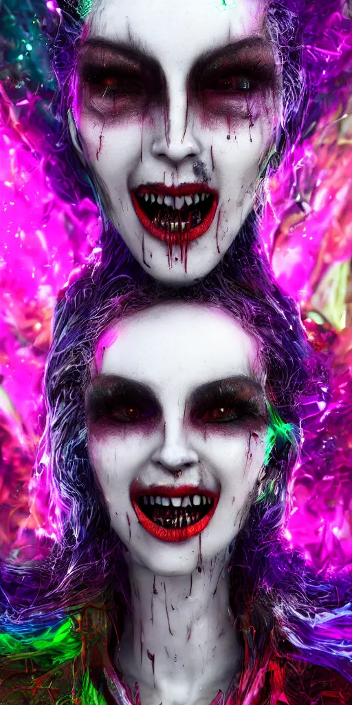 Prompt: impossibly beautiful vampire with large vampire fangs, full body, leather, intricate complexity, surreal horror, psychedelic glitch art, rainbow drip paint, trending on art station, photoreal, 8 k, octane render