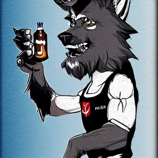 Image similar to a humanoid german shepherd beast - man in soccer style, holding a bottle of beer, artstation, concept art, smooth, sharp foccus ilustration, artstation