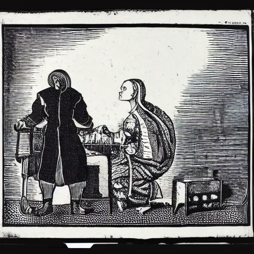 Image similar to a woodcut of sythesizer, black and white, white background